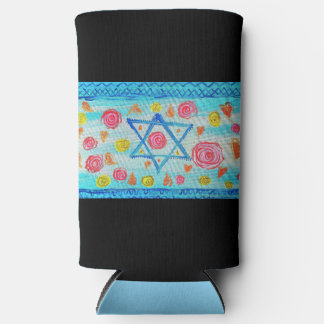 Whimsical Israeli flag with flowers & hearts Seltzer Can Cooler