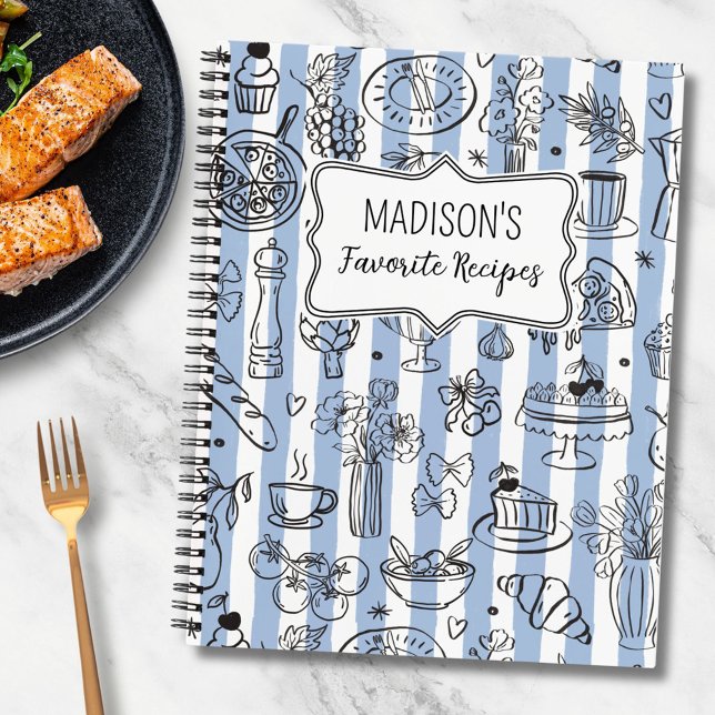 Whimsical Italian Food Illustration Blue Recipe Notebook (In situ)