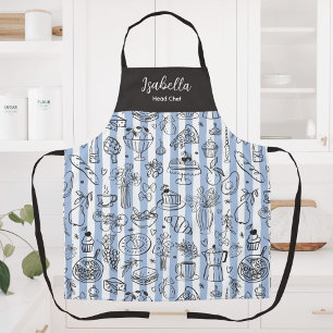 Whimsical Italian Food Illustration Blue Stripes Apron