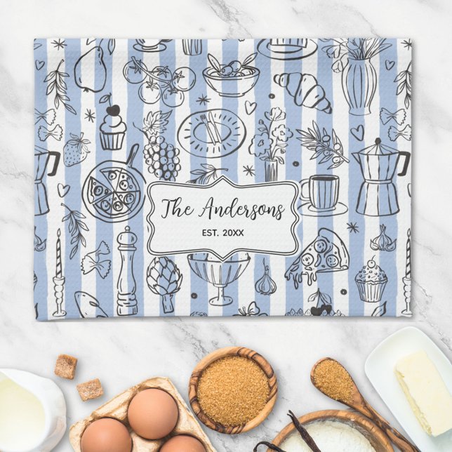 Whimsical Italian Food Illustration Blue Stripes Tea Towel (In situ)