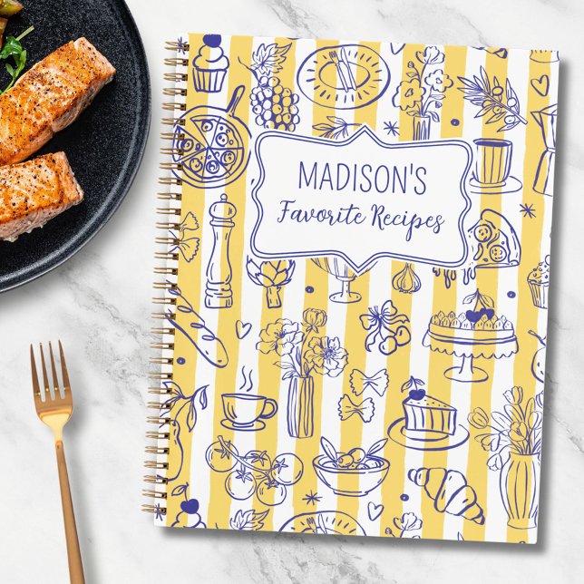 Whimsical Italian Food Illustration Yellow Recipe Notebook (In situ)