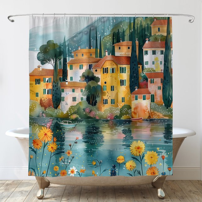 Whimsical Italian Lakeside Village Art Shower Curtain (Creator Uploaded)