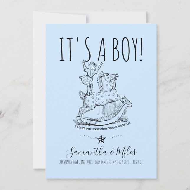 Whimsical It''s A Boy Birth Announcement Blue (Front)