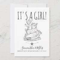 Whimsical It's A Girl Birth Announcement White