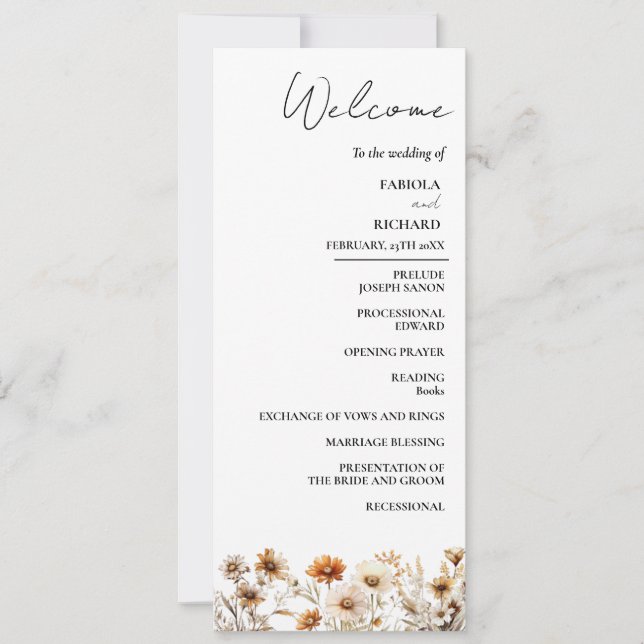 Whimsical  Ivory Wildflower Wedding Program Card (Front)