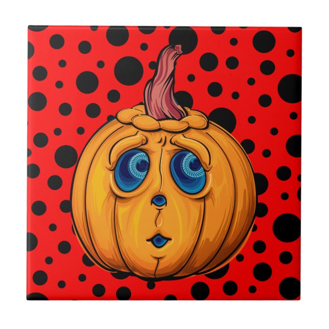 Whimsical Jack-o'-Lantern on Red & Black Polka Dot Tile (Front)