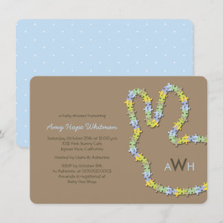 Whimsical Jigsaw Blue Bunny Rabbit Boy Baby Shower Invitation
