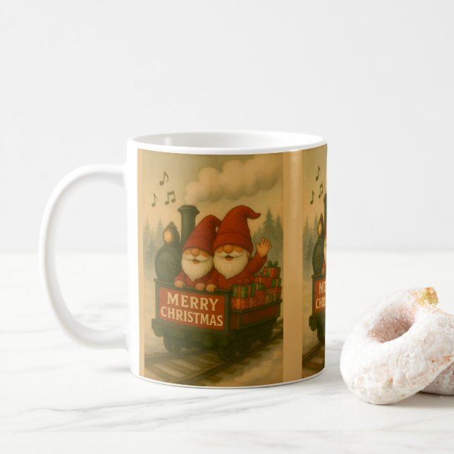 Whimsical Jolly Gnomes Musical Express II Coffee Mug (With Donut)