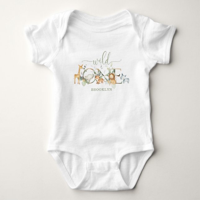 Whimsical Jungle Animals Wild One 1st Birthday Baby Bodysuit (Front)