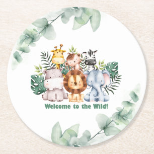 Whimsical Jungle Safari Animal Birthday Round Paper Coaster
