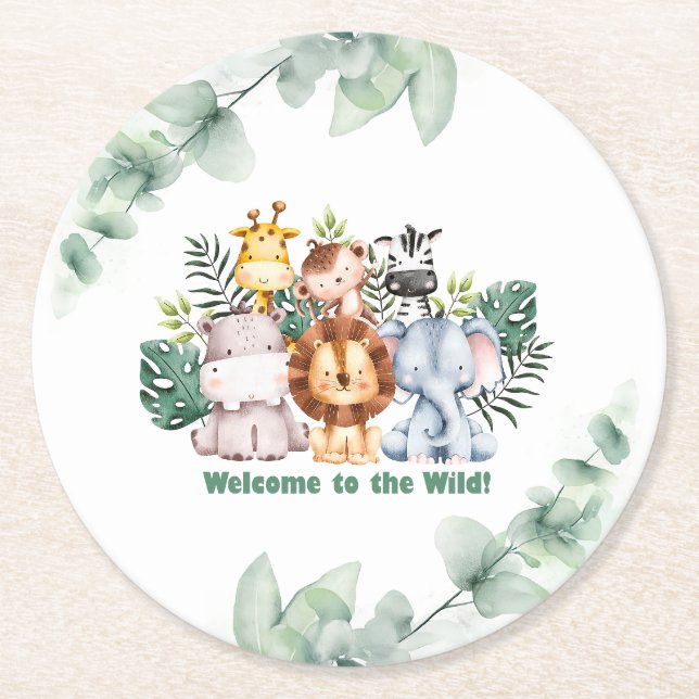 Whimsical Jungle Safari Animal Birthday Round Paper Coaster (Front)