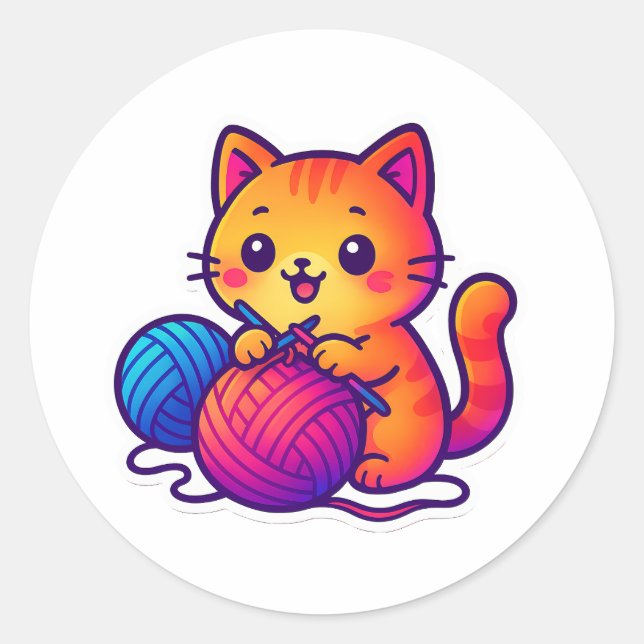 Whimsical Kawaii Cat Knitting Scene with Oversized Classic Round Sticker (Front)