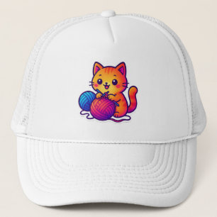 Whimsical Kawaii Cat Knitting Scene with Oversized Trucker Hat
