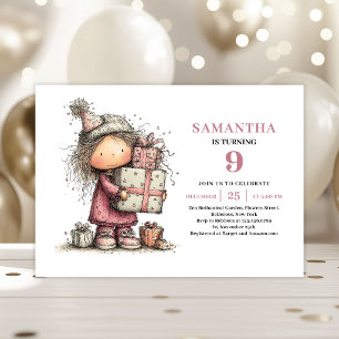 Whimsical Kids 9th Birthday Invite Dusty Pink