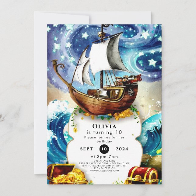 Whimsical Kids' Boat Pirate Birthday Invitation (Front)