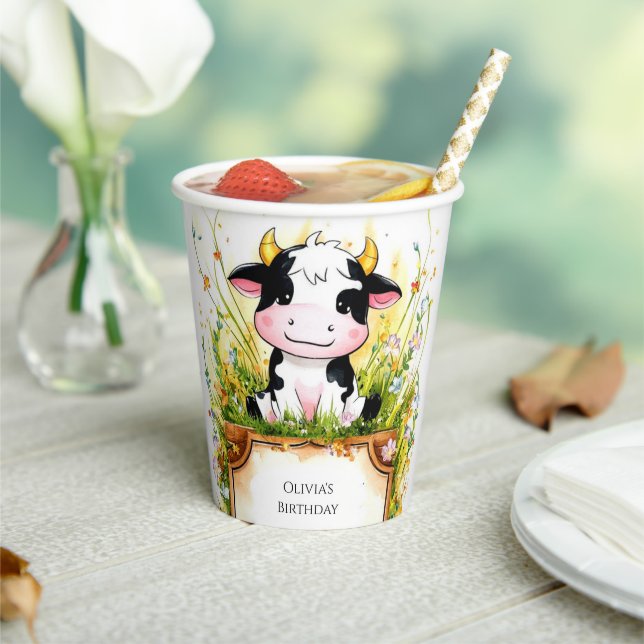 Whimsical Kids Cow Birthday Paper Cups (Insitu)