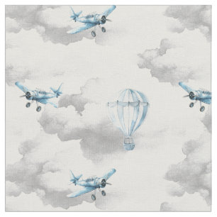 Whimsical kids nursery Plane in clouds baby boy Fabric