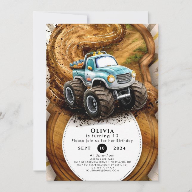 Whimsical Kids' Road Monster Truck Birthday Invitation (Front)
