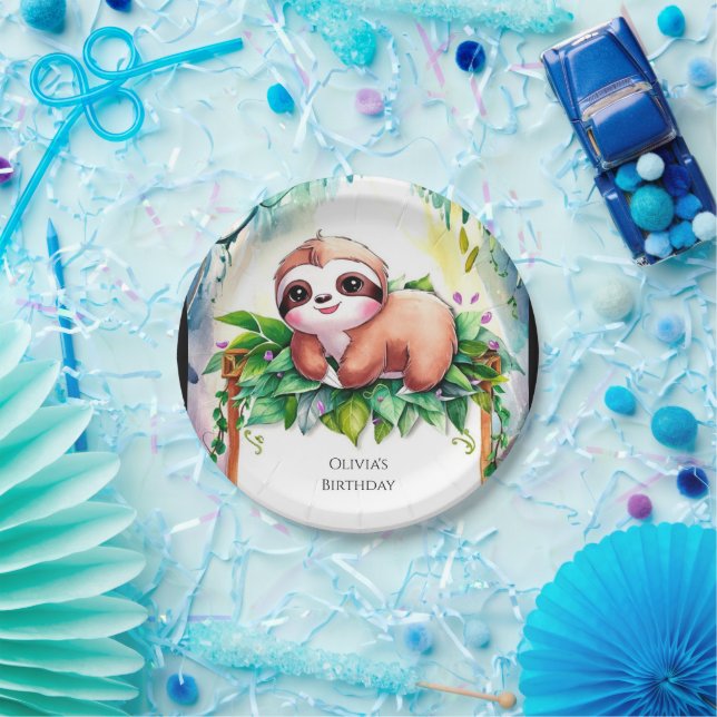 Whimsical Kids Sloth Birthday Paper Plate (Party)