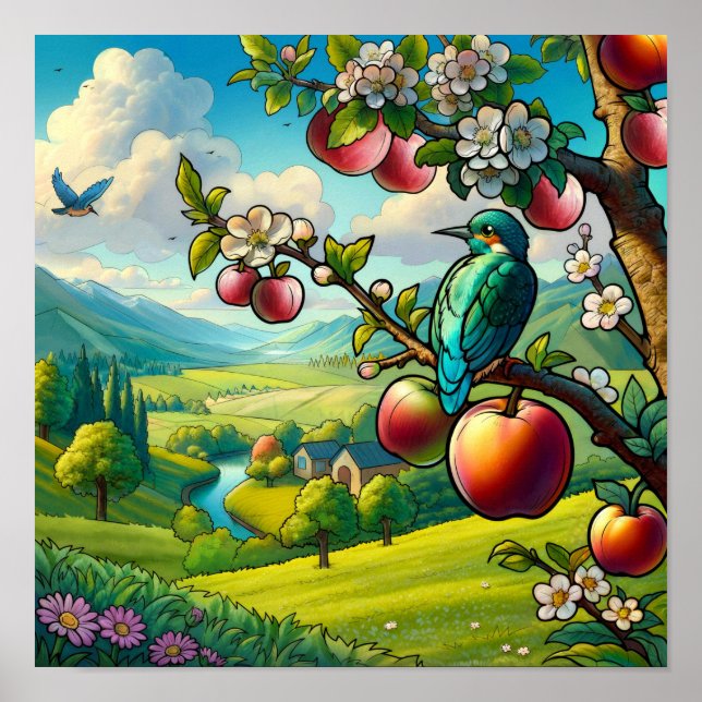 Whimsical Kingfisher Bird on Apple Tree Colourful Poster (Front)