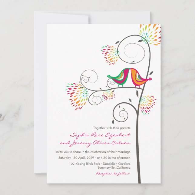 Whimsical Kissing Summer Love Birds Wedding Invite (Front)