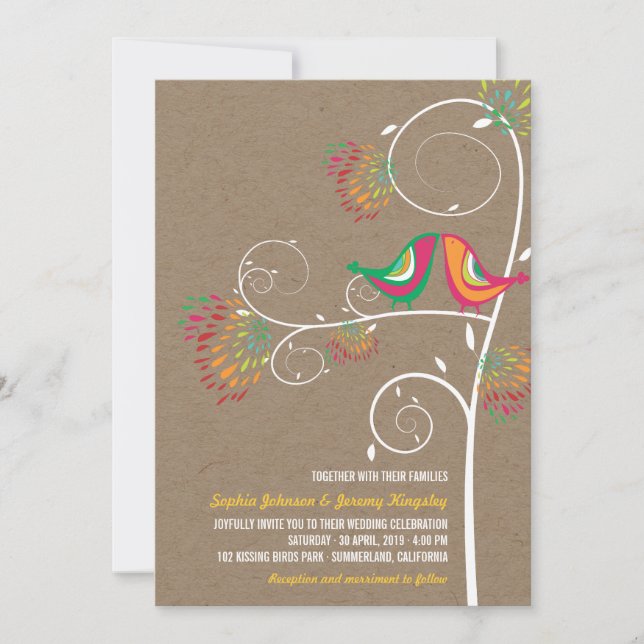 Whimsical Kissing Summer Love Birds Wedding Invite (Front)