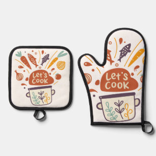 Whimsical Kitchen Scene with “Let’s Cook” Text – Oven Mitt & Pot Holder Set