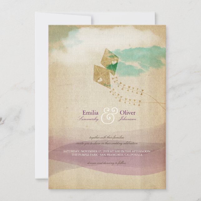 Whimsical Kites Summer Clouds Watercolor Wedding Invitation (Front)