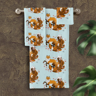 Whimsical Kitsune Fox Blue Cherry Blossoms Fantasy Bath Towel Set