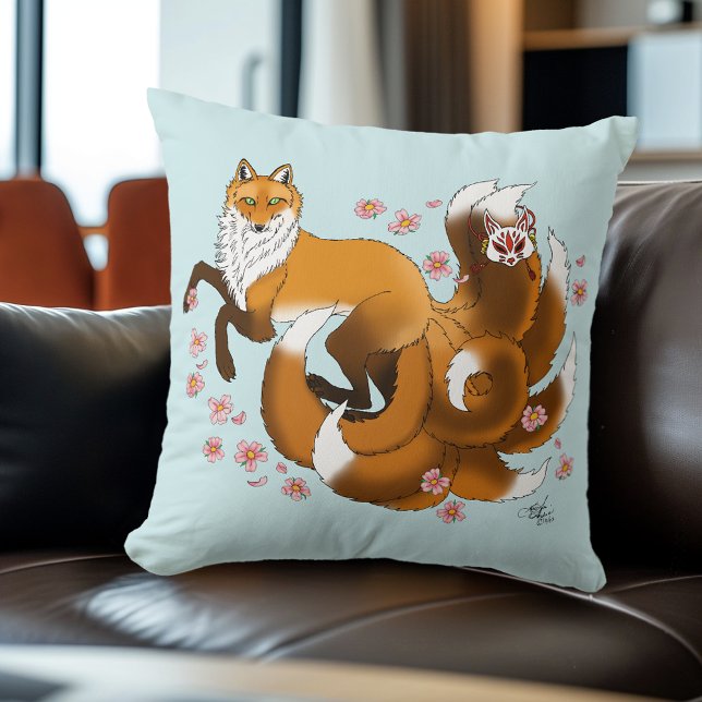 Whimsical Kitsune Fox Blue Cherry Blossoms Fantasy Cushion (Creator Uploaded)