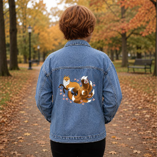 Whimsical Kitsune Fox Blue Cherry Blossoms Fantasy Denim Jacket