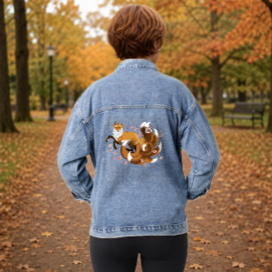Whimsical Kitsune Fox Blue Cherry Blossoms Fantasy Denim Jacket