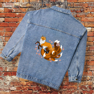Whimsical Kitsune Fox Blue Cherry Blossoms Fantasy Denim Jacket
