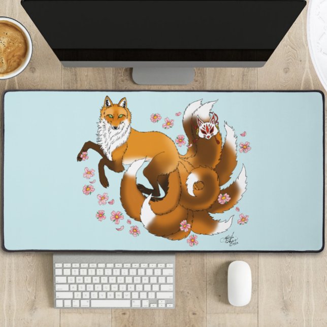 Whimsical Kitsune Fox Blue Cherry Blossoms Fantasy Desk Mat (Creator Uploaded)