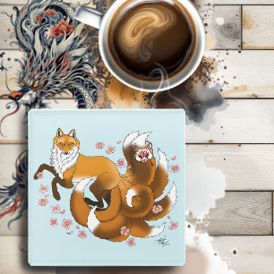 Whimsical Kitsune Fox Blue Cherry Blossoms Fantasy Glass Coaster