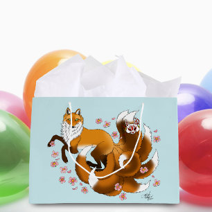 Whimsical Kitsune Fox Blue Cherry Blossoms Fantasy Large Gift Bag