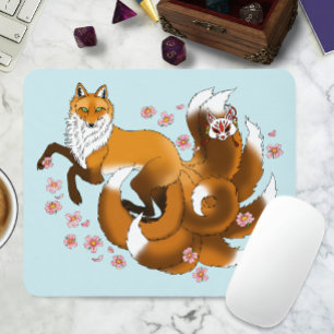 Whimsical Kitsune Fox Blue Cherry Blossoms Fantasy Mouse Pad