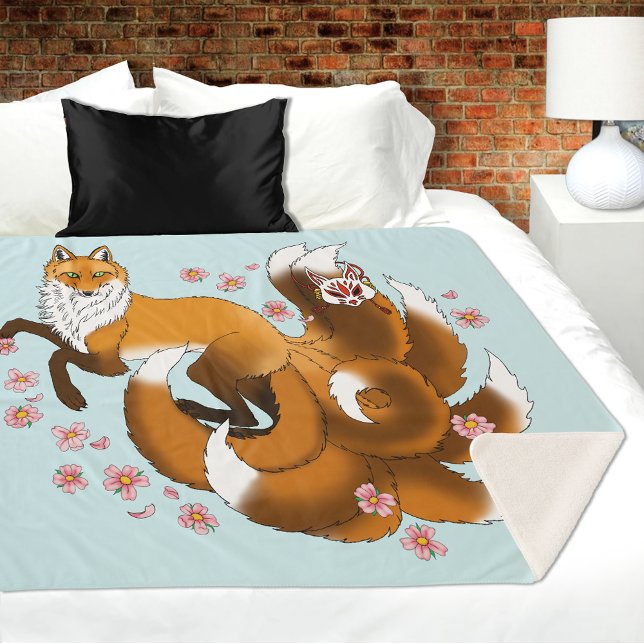 Whimsical Kitsune Fox Blue Cherry Blossoms Fantasy Sherpa Blanket (Creator Uploaded)