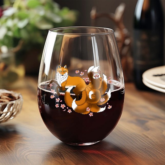 Whimsical Kitsune Fox Blue Cherry Blossoms Fantasy Stemless Wine Glass (Creator Uploaded)