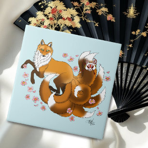 Whimsical Kitsune Fox Blue Cherry Blossoms Fantasy Tile