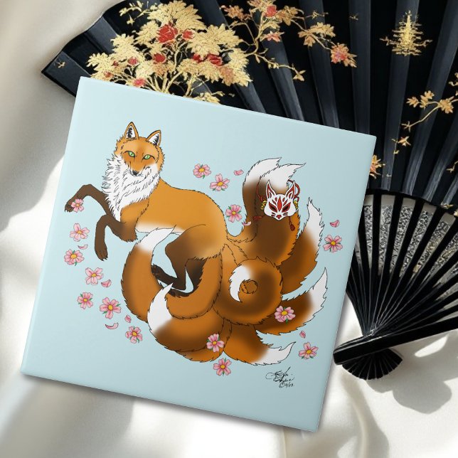 Whimsical Kitsune Fox Blue Cherry Blossoms Fantasy Tile (Creator Uploaded)