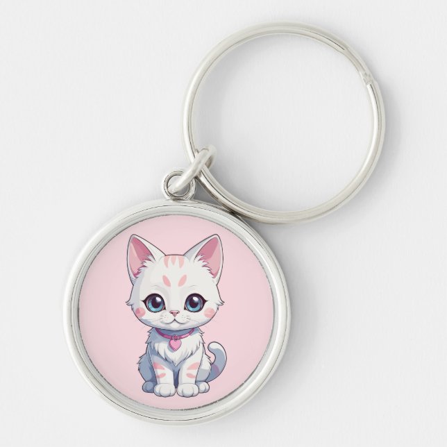 Whimsical Kitten Illustration Key Ring (Front)
