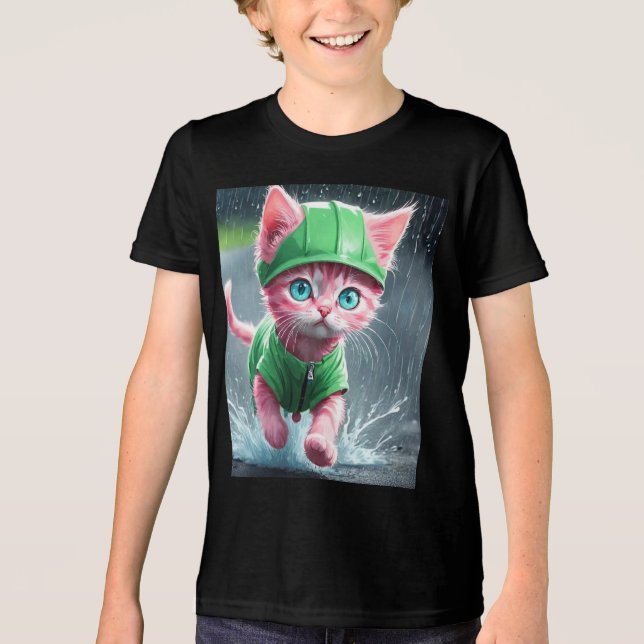 Whimsical Kitten Rain Run Premium Unisex Youth Tee (Front)