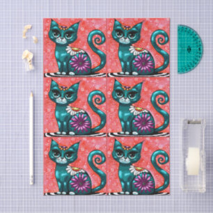 Whimsical Kitty Cat on Rug Floral Teal Decoupage Tissue Paper