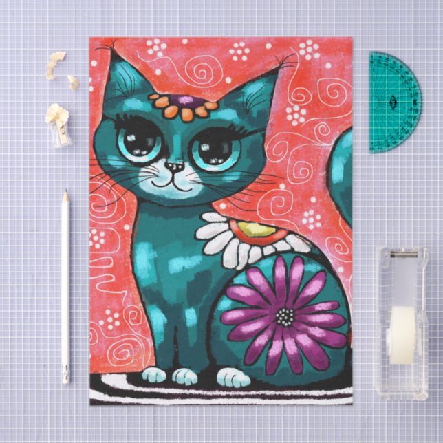 Whimsical Kitty Cat on Rug Floral Teal Decoupage Tissue Paper (Craft)