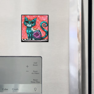 Whimsical Kitty Cat Sitting on Rug Floral Teal Magnet