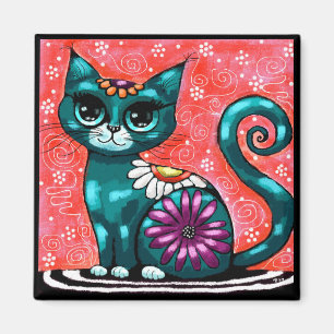 Whimsical Kitty Cat Sitting on Rug Floral Teal Magnet