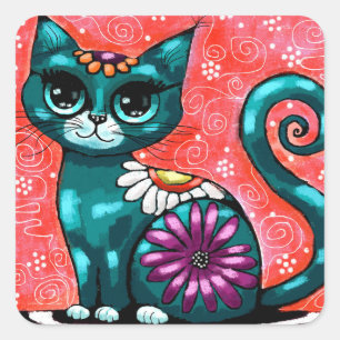 Whimsical Kitty Cat Sitting on Rug Floral Teal Square Sticker