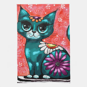 Whimsical Kitty Cat Sitting on Rug Floral Teal Tea Towel