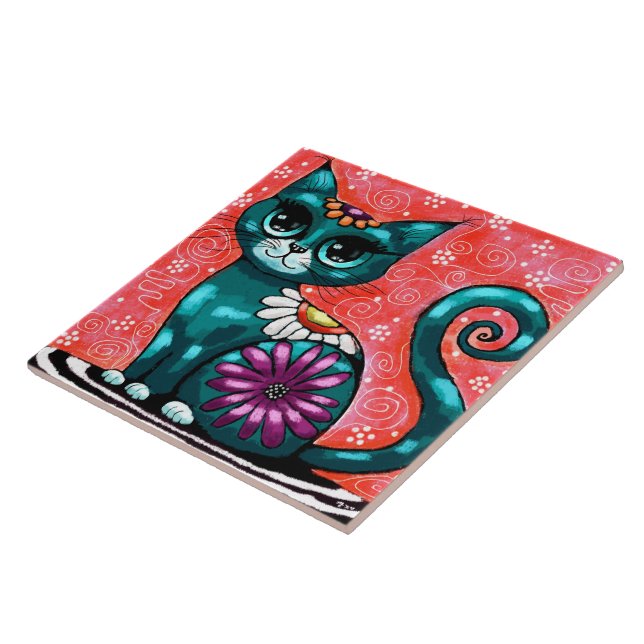Whimsical Kitty Cat Sitting on Rug Floral Teal Tile (Side)